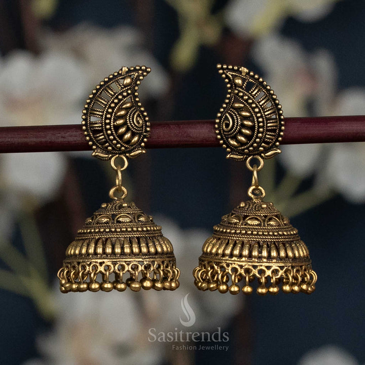 Antique Gold peacock Jhumka Earrings with Beaded Detailing - Sasitrends
