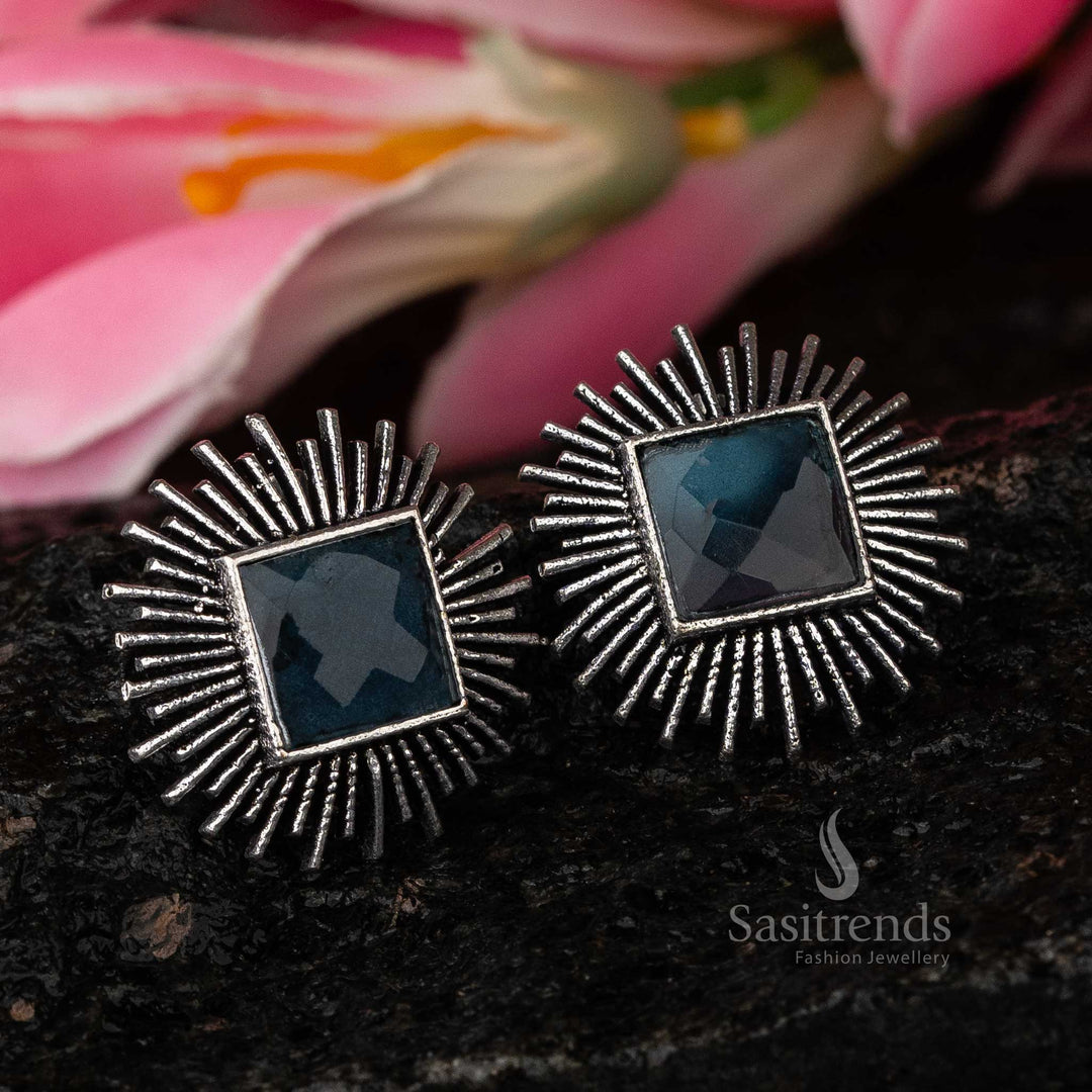Blue Square Stone Latest Oxidised Earrings Navarathiri Special Elegance Sasitrends Online Shopping