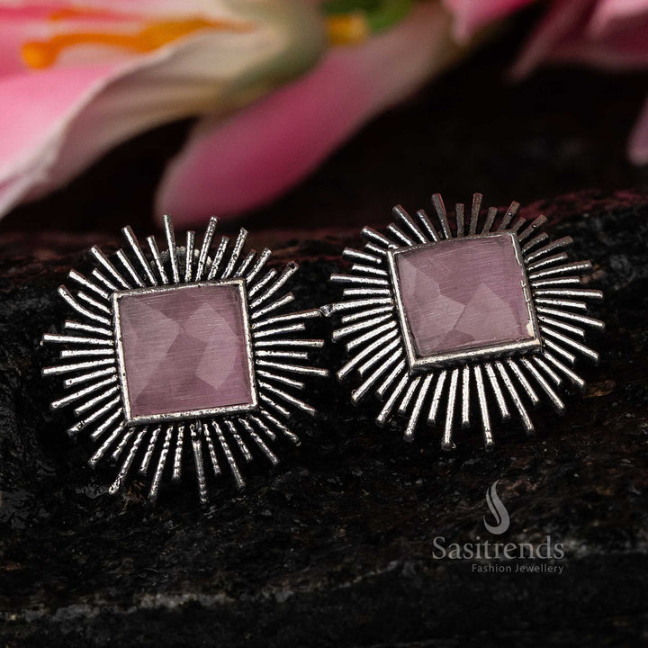 Pink Monalisa Stone Oxidised Earrings, Navarathiri ready - Sasitrends