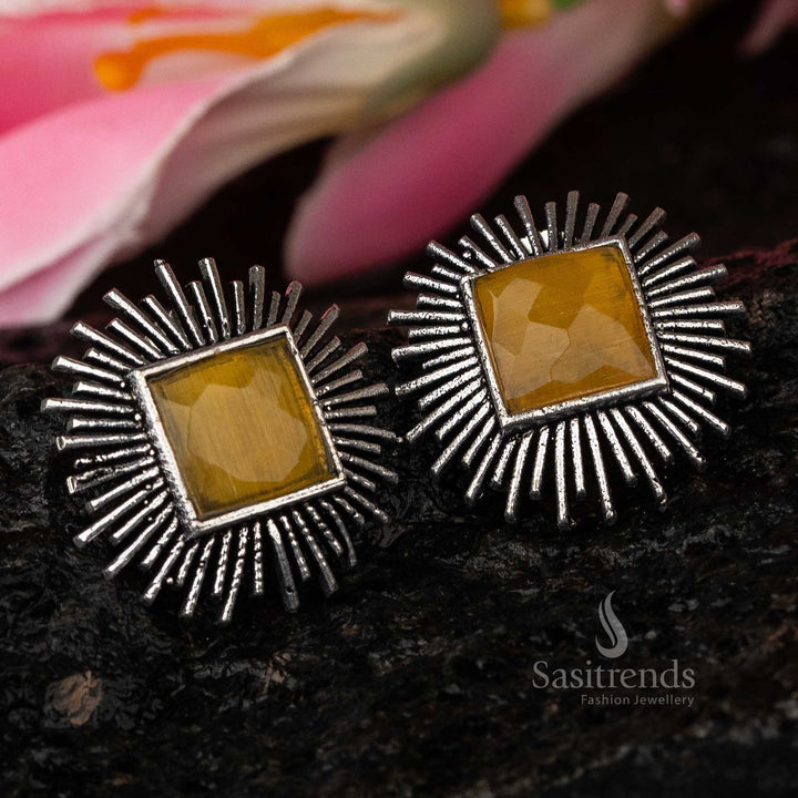 Yellow Monalisa Stone Oxidised Earrings, vibrant for Navarathiri celebrations - Sasitrends