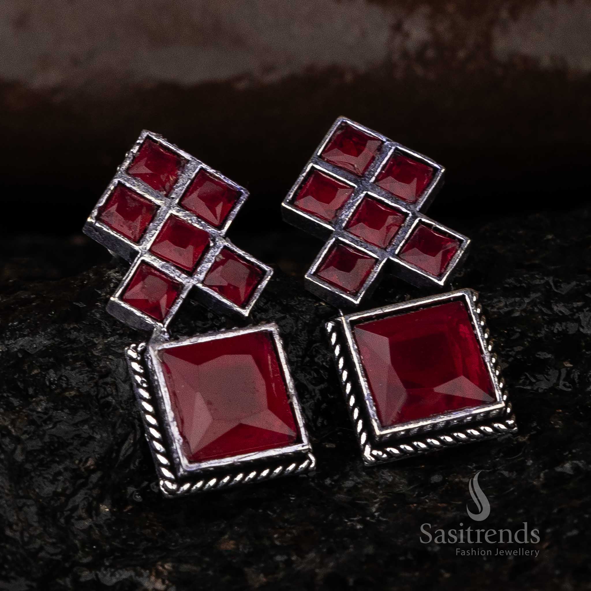 Ruby Oxidised Jewellery Square Stone Stud Earrings Sasitrends Online Shopping