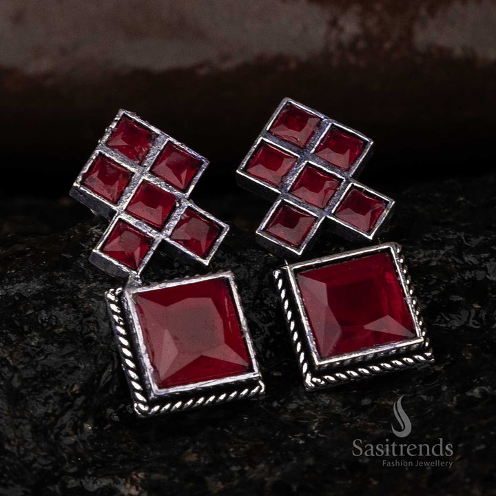 Ruby Oxidised Jewellery Square Stone Stud Earrings Sasitrends Online Shopping