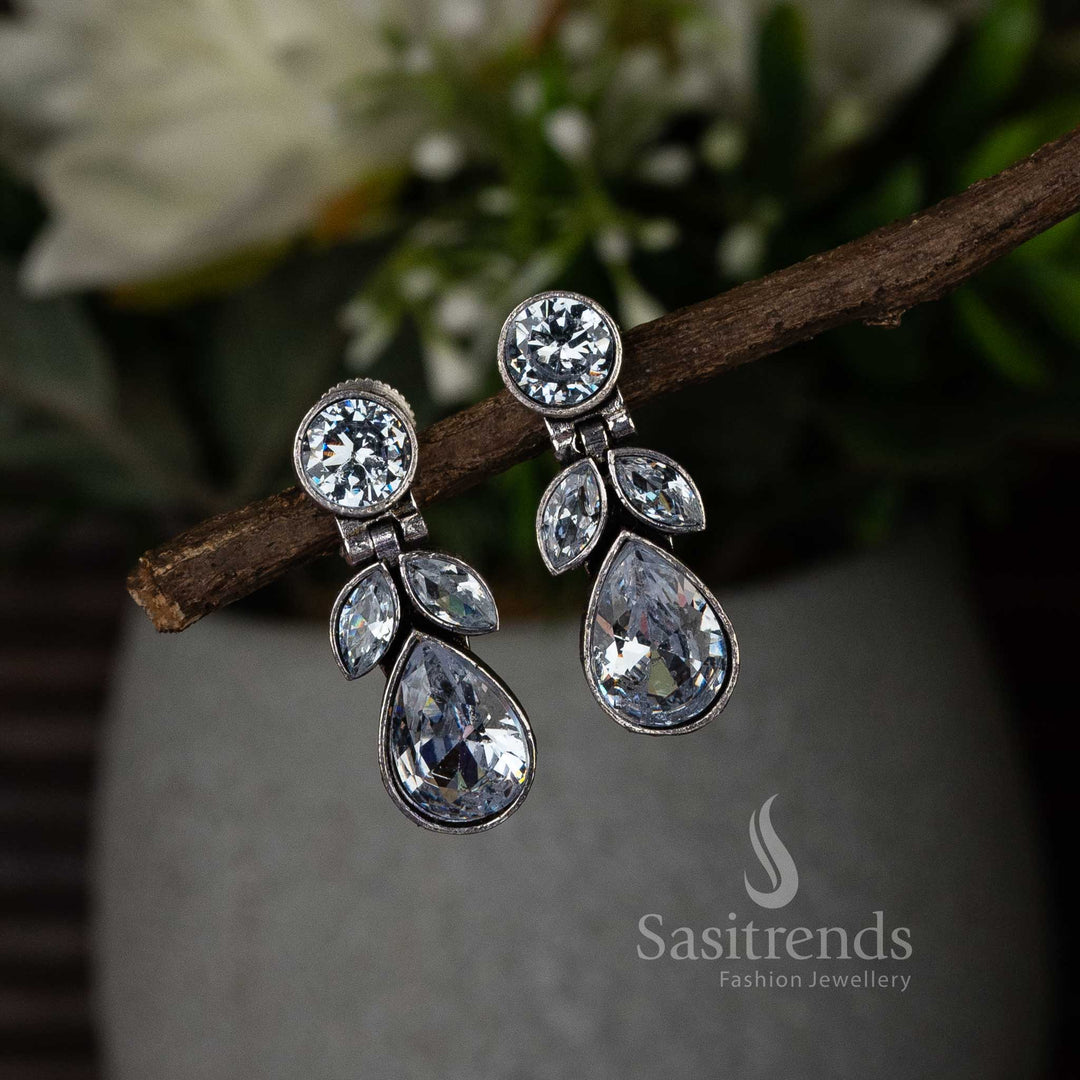 Latest Oxidised White Stone Stud Leaf Pattern Push Back Earrings Sasitrends Online Shopping