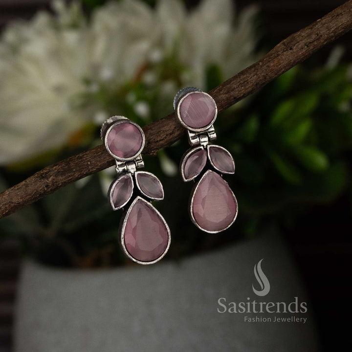 Trendy Oxidised Pink Stone Stud Leaf Pattern Push Back Earrings Sasitrends Online Shopping