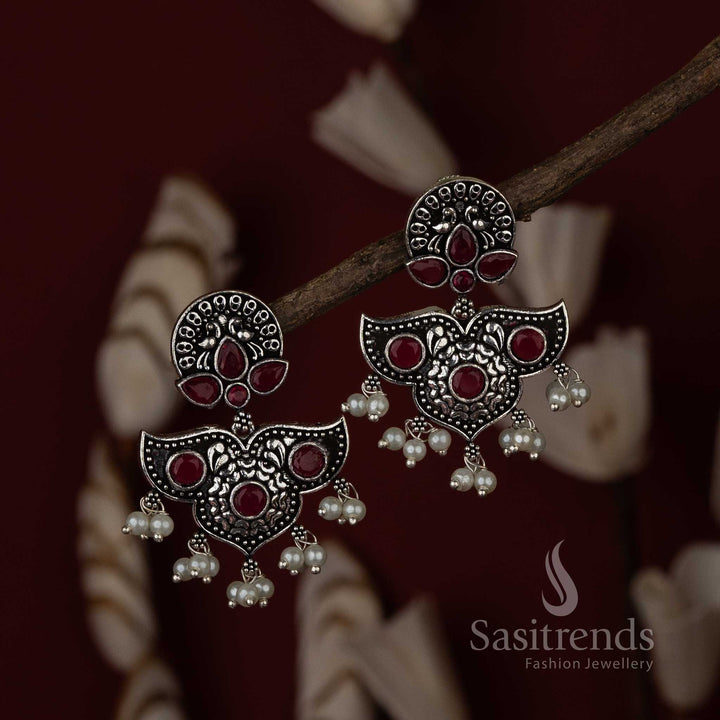 Exquisite Oxidised Silver Peacock Chandbali Earrings with Stones and Pearls
