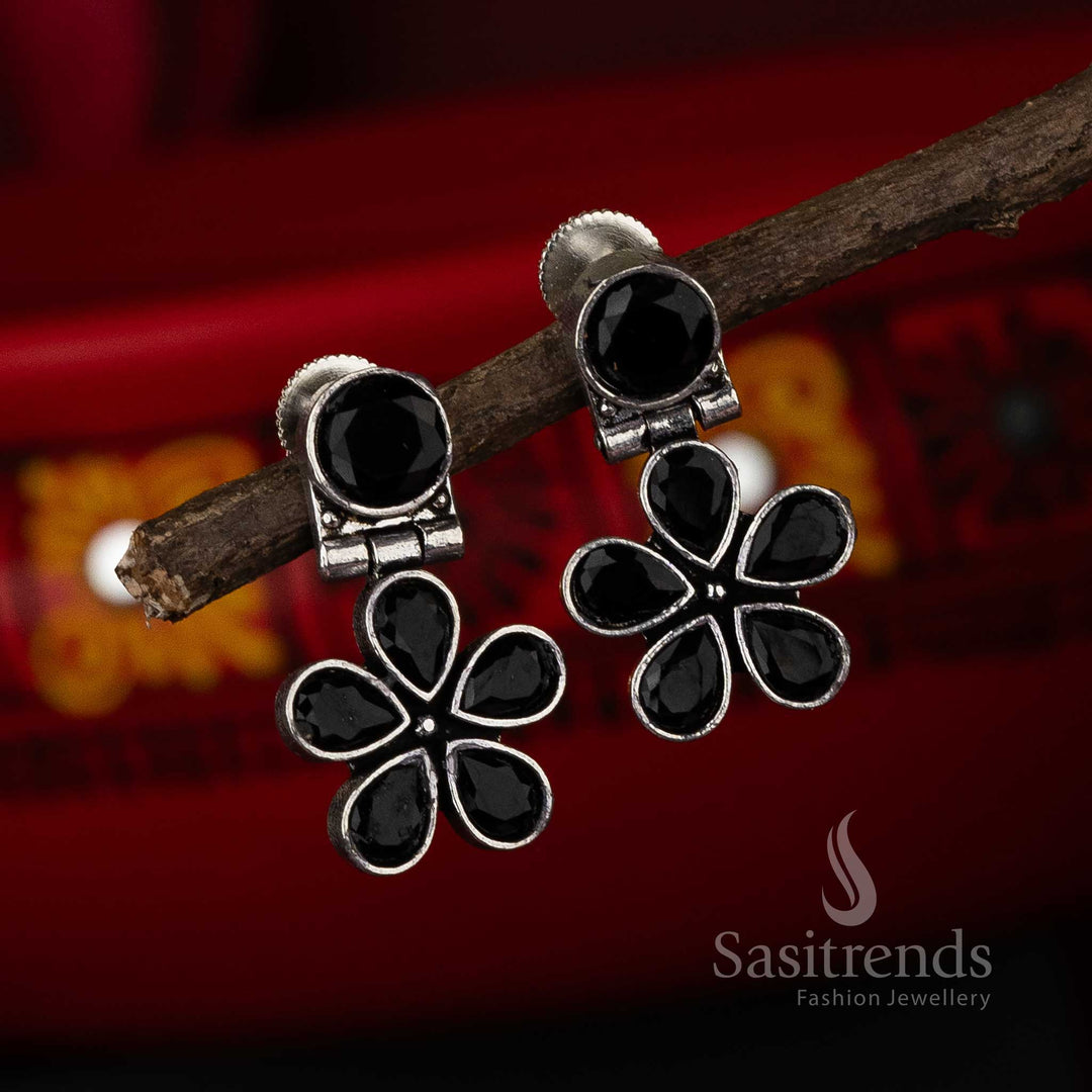 Classic Black Stone Oxidised Earrings for Navarathiri - Timeless Elegance