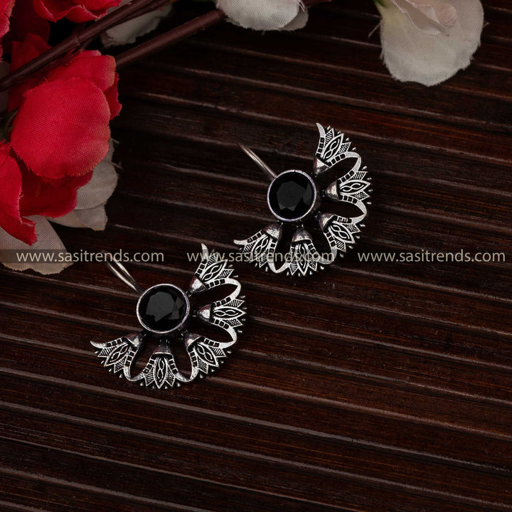 Oxidised earrings with black stone for Navarathiri, vintage oxidised jewellery