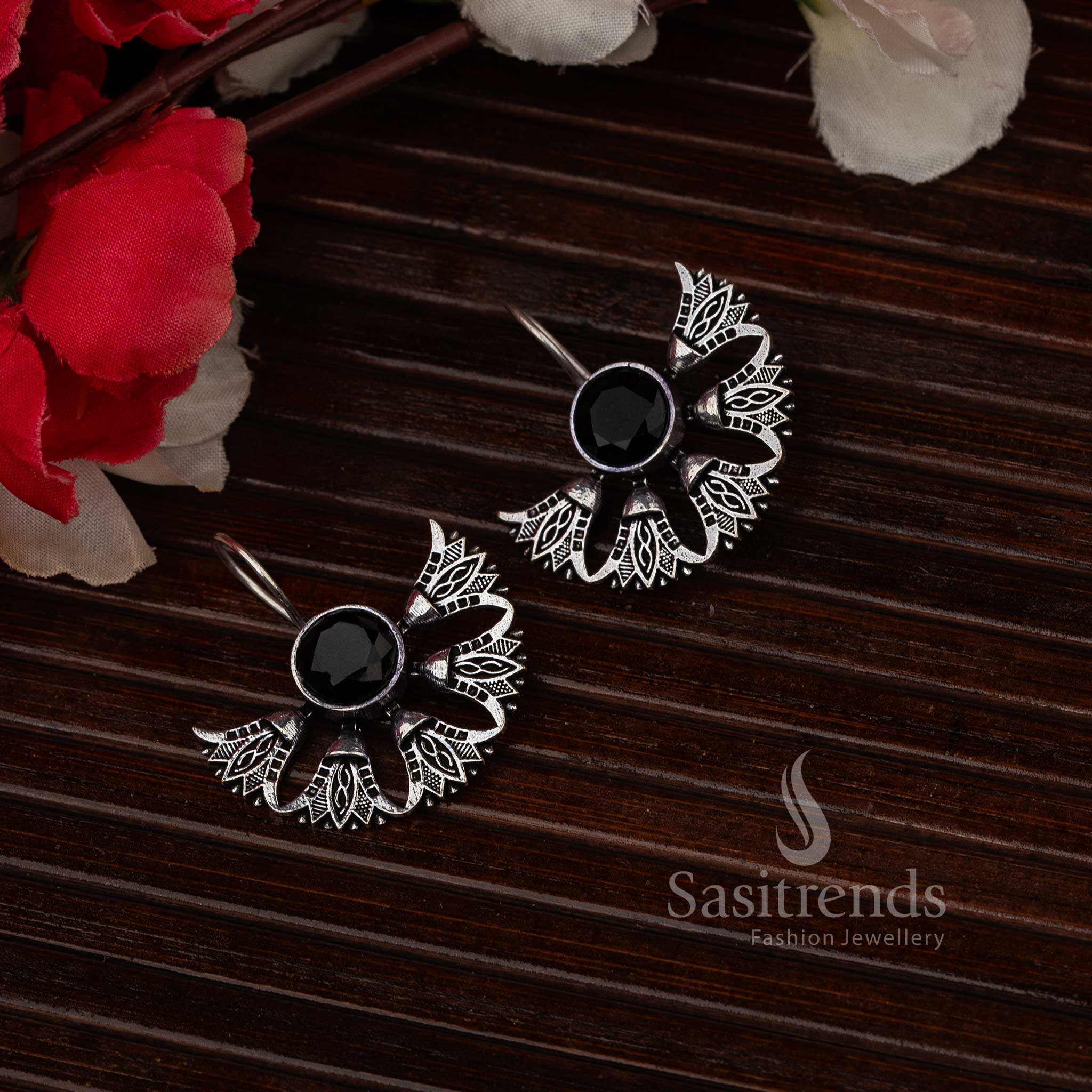 Oxidised earrings with black stone for Navarathiri, vintage oxidised jewellery