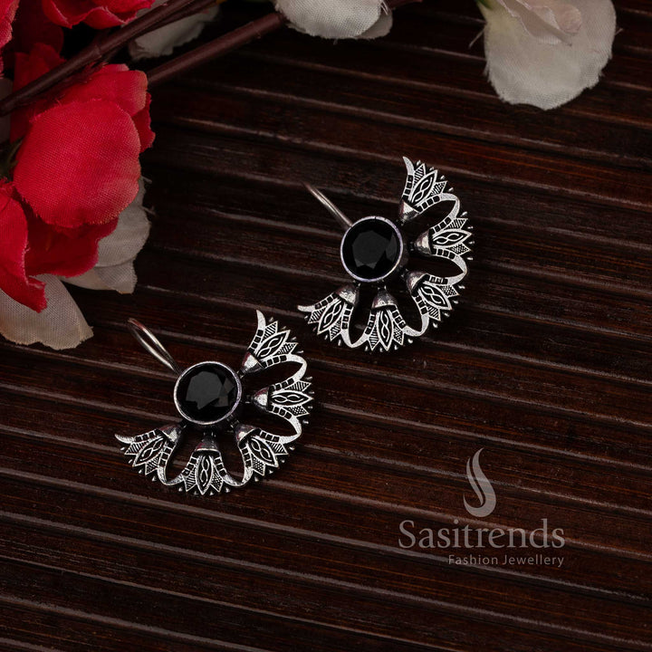 Oxidised earrings with black stone for Navarathiri, vintage oxidised jewellery