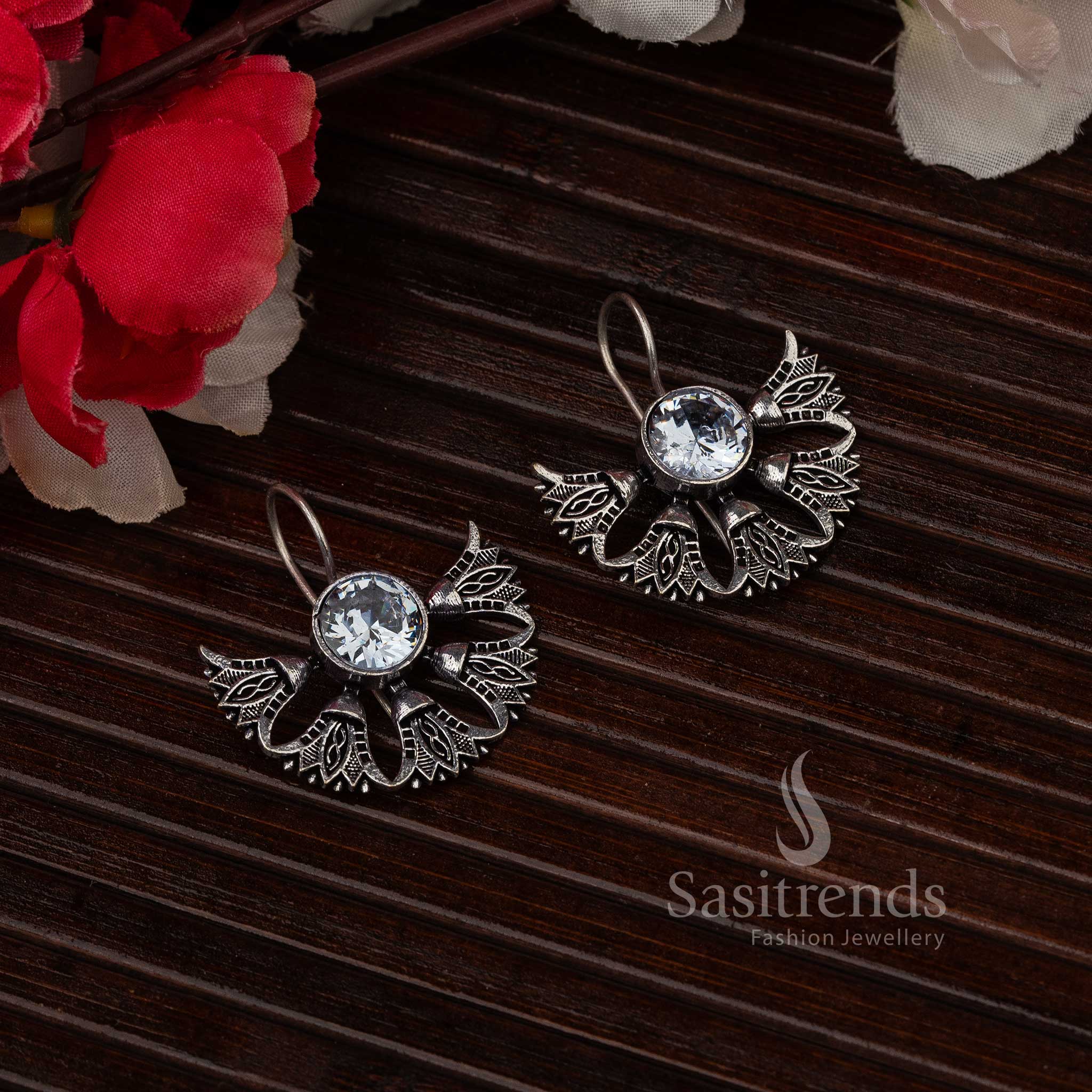 White stone oxidised earrings for festive wear, Navarathiri special oxidised jewellery