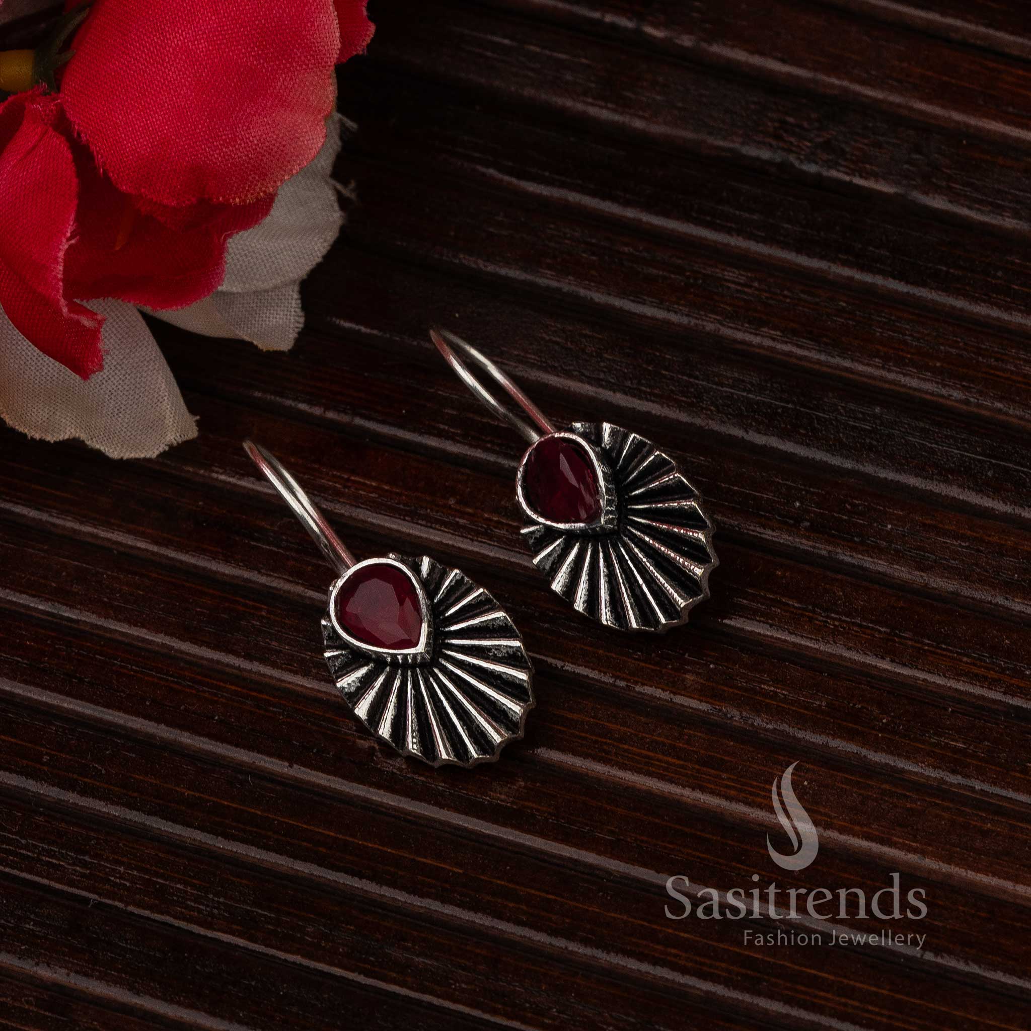 Vintage Charm ruby Oval Teardrop Oxidised Earrings for Navarathiri