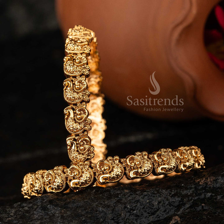 Temple Matte Gold Plated Traditional Peacock Motif Brass Bangles - Sasitrends