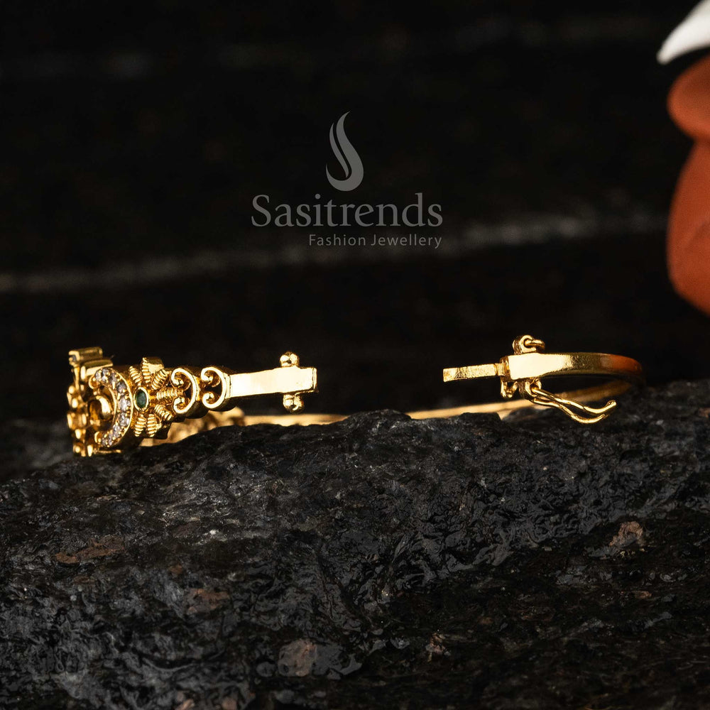 Matte Gold-Plated Brass Temple Kada Bangle adorned with colorful American diamonds, perfect for enhancing traditional bridal attire.