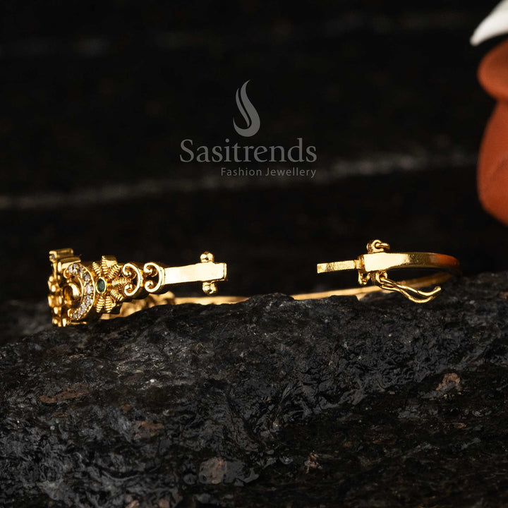 Matte Gold-Plated Brass Temple Kada Bangle adorned with colorful American diamonds, perfect for enhancing traditional bridal attire.