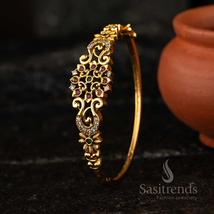 Temple Matte Gold-Plated Openable Bracelet Bangle with Multicolor American Diamonds