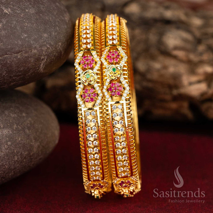 Sasitrends | Elegant Micro Gold-Plated American Diamond Bangles with Floral and Geometric Motifs