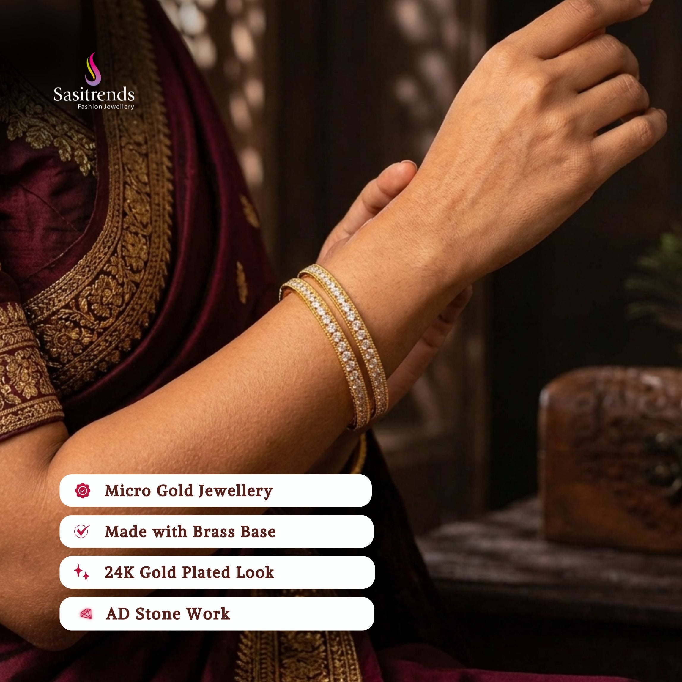 Guaranteed Micro gold plated AD stone bangles model image - Sasitrends