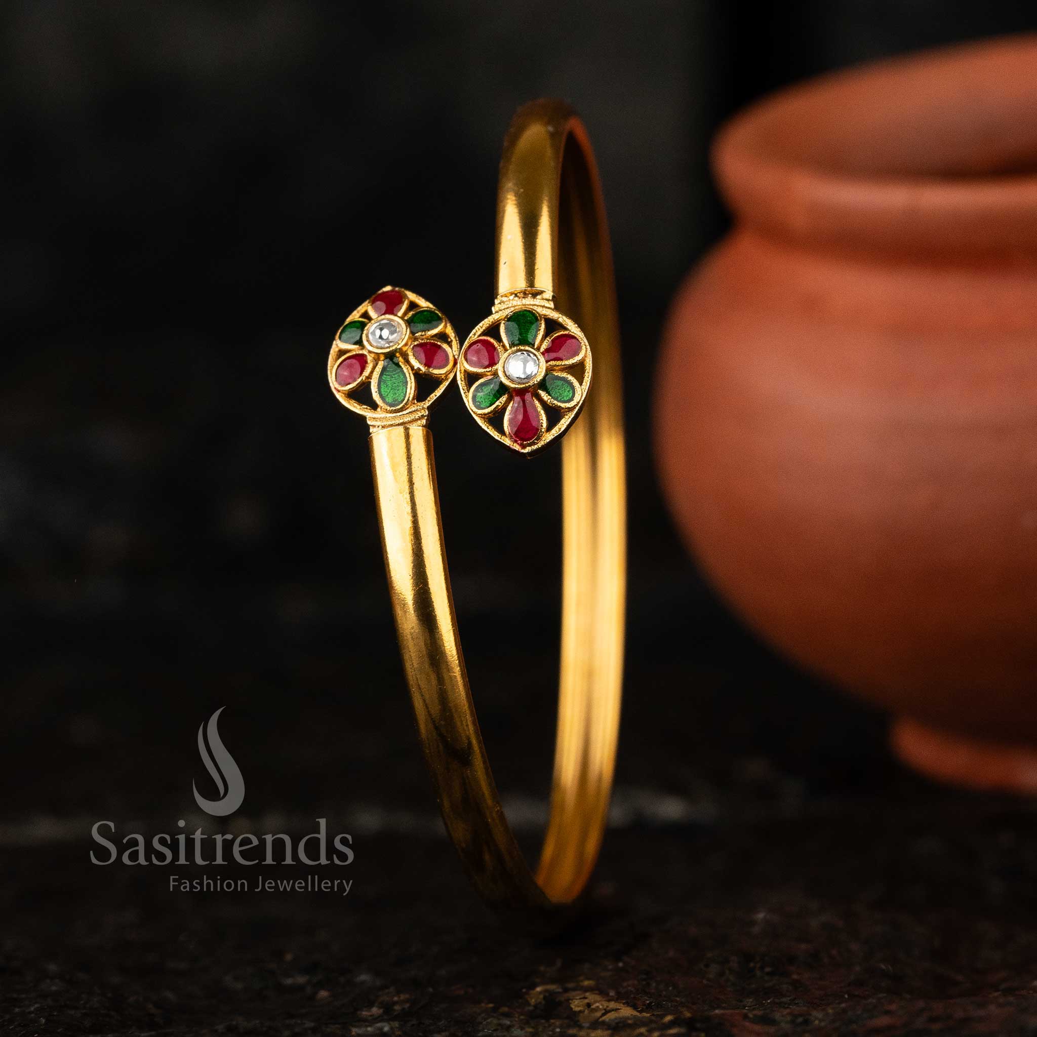 Temple Matte Gold-Plated Brass Kada Bangle with Flower Water Drop Motif - Sasitrends