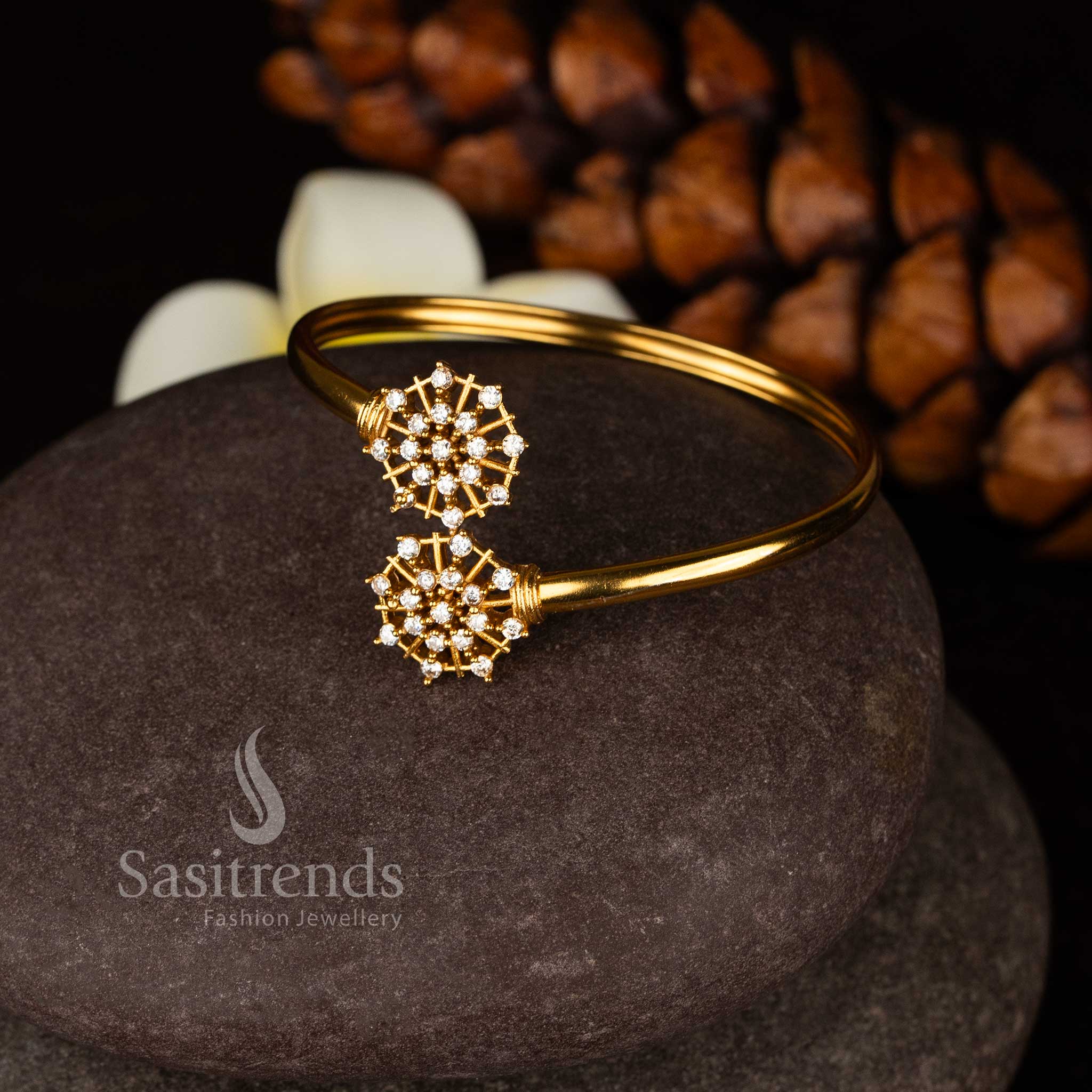 Traditional geometric sunburst floral cuff bracelet with brilliant American Diamonds 2387I - Sasitrends