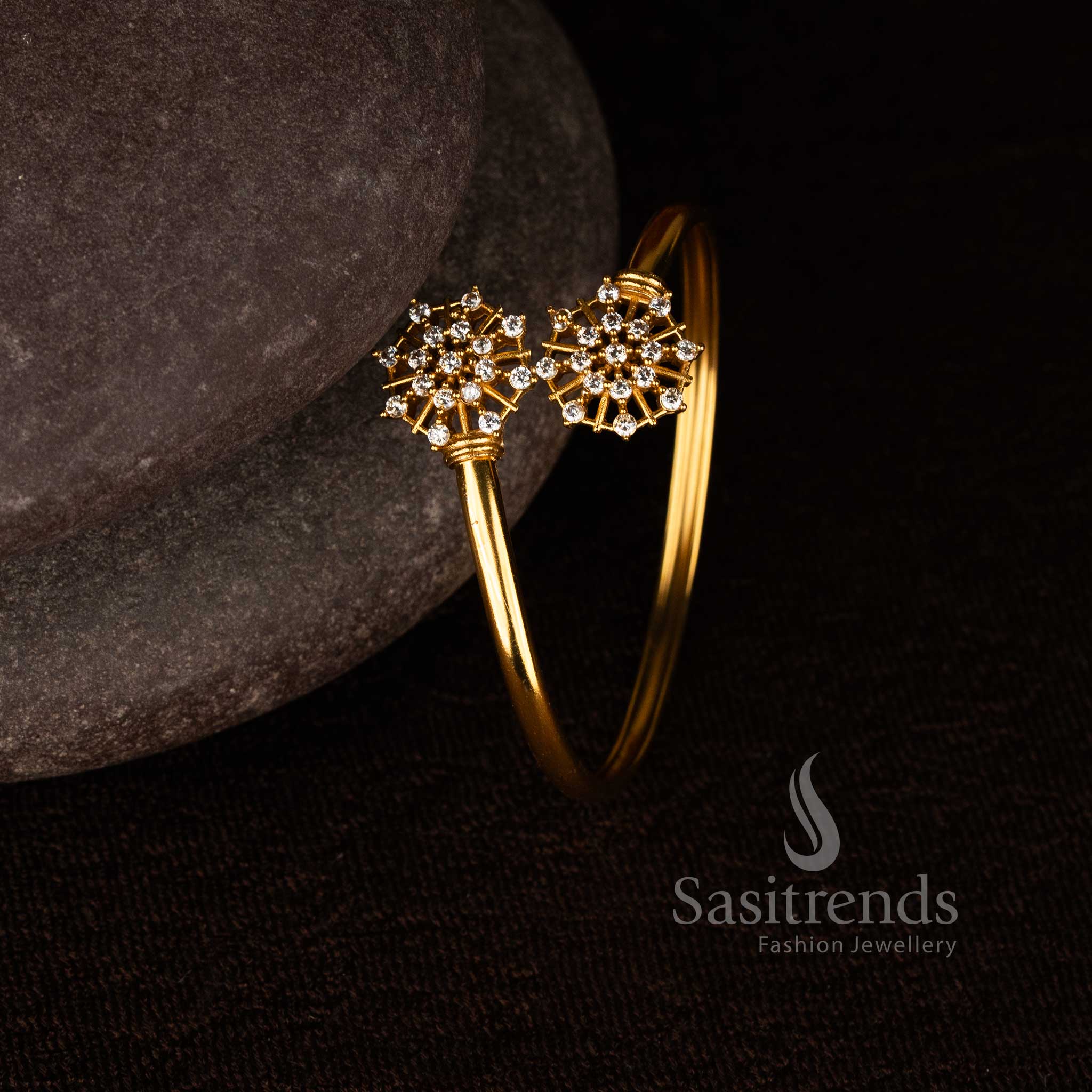 Detailed view of 2387I matte gold Kada featuring shimmering white stones and modern temple finish - Sasitrends
