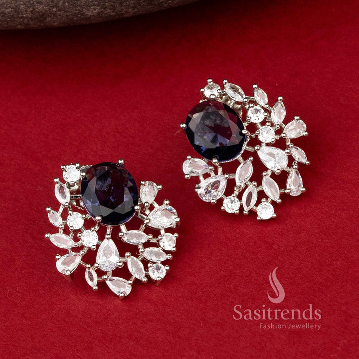 Violet Loop Charm earrings featuring purple AD stones in rhodium silver oval top pattern – charming partywear jewellery – Sasitrends