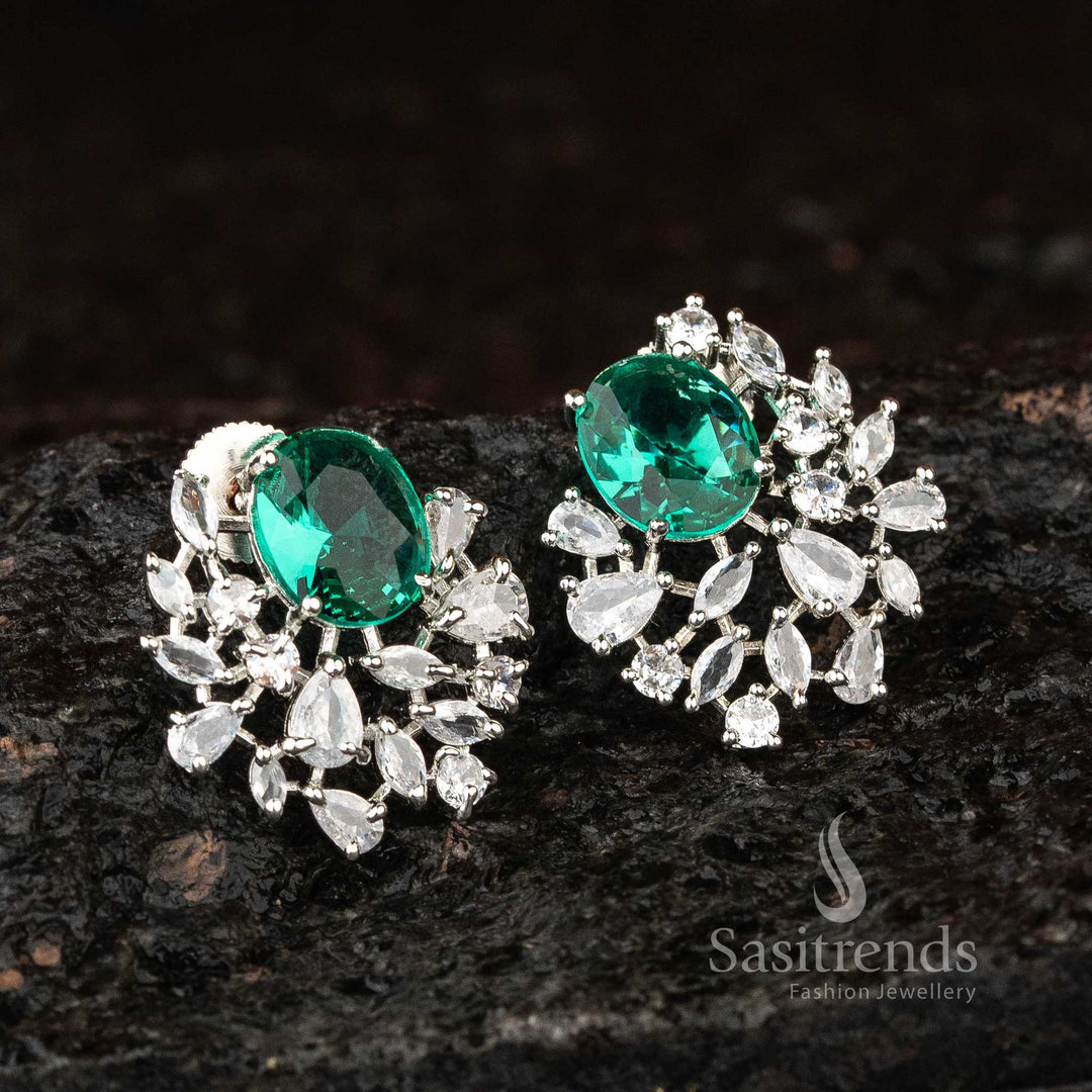Ocean Pearl Radiance oval earrings with aqua-blue AD stones in a rhodium finish – perfect for party glamour – Sasitrends

