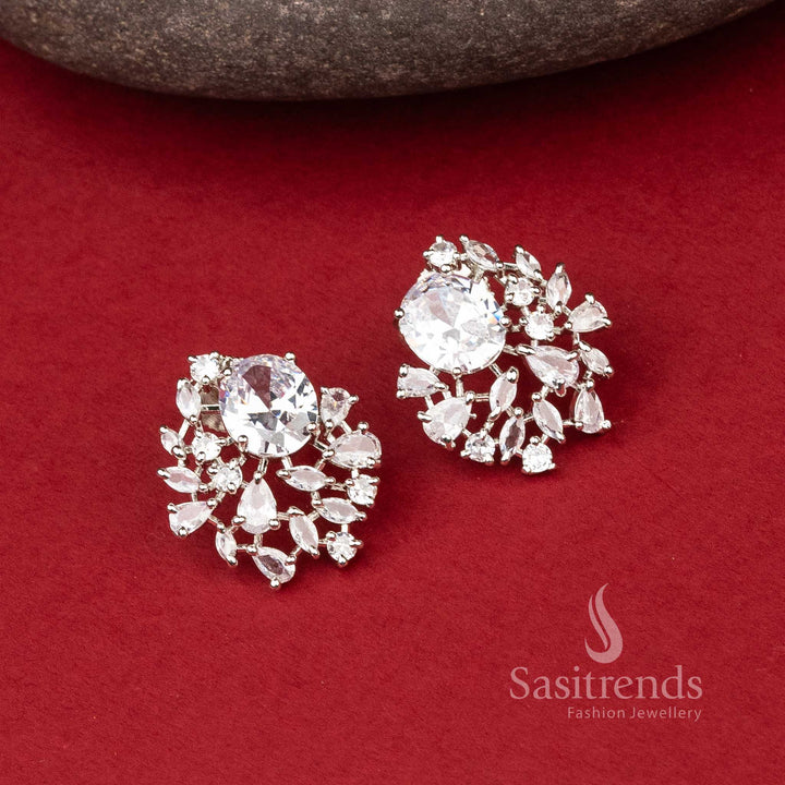 Ice Crystal Loop earrings with dazzling white stones in rhodium oval top setting – shimmering party glow jewellery – Sasitrends