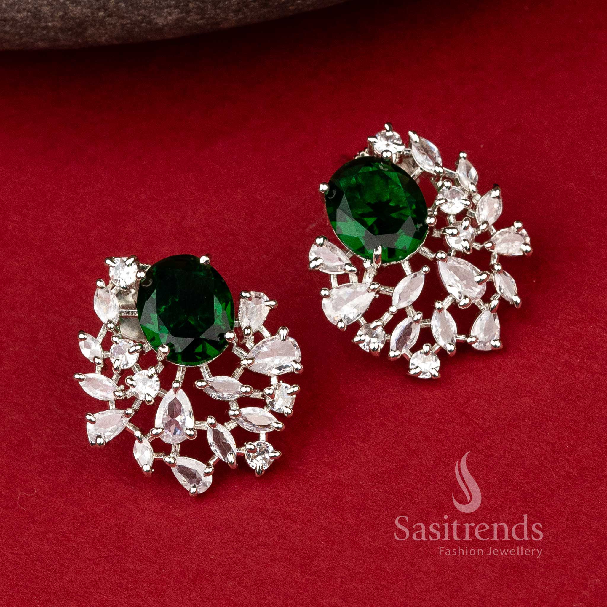 Emerald Drop Gleam earrings with green American Diamonds in rhodium finish – stunning oval party look jewellery – Sasitrends
