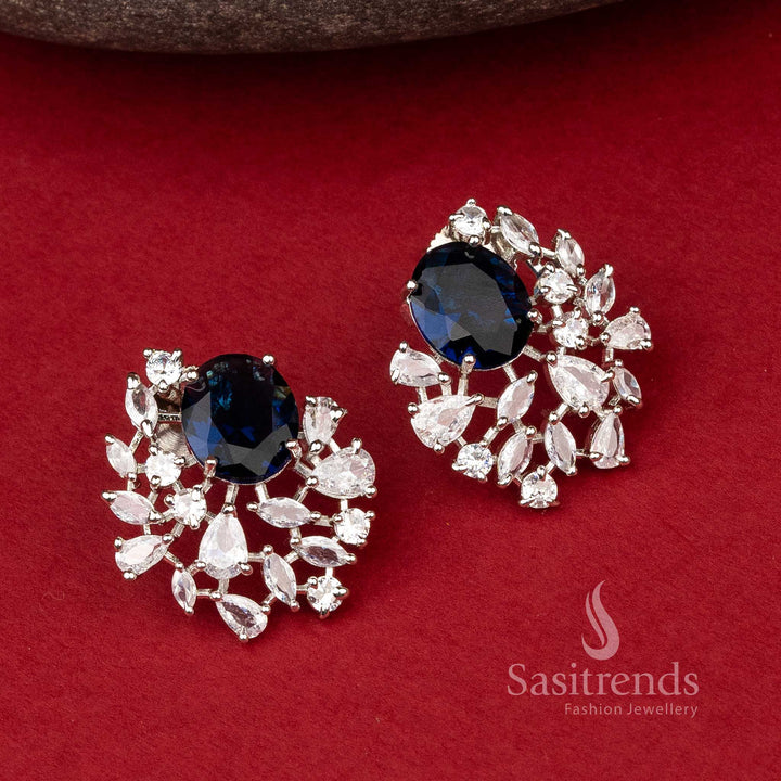 Sapphire Arc Grace earrings in rhodium silver with deep blue oval tops and brilliant AD stones – Sasitrends