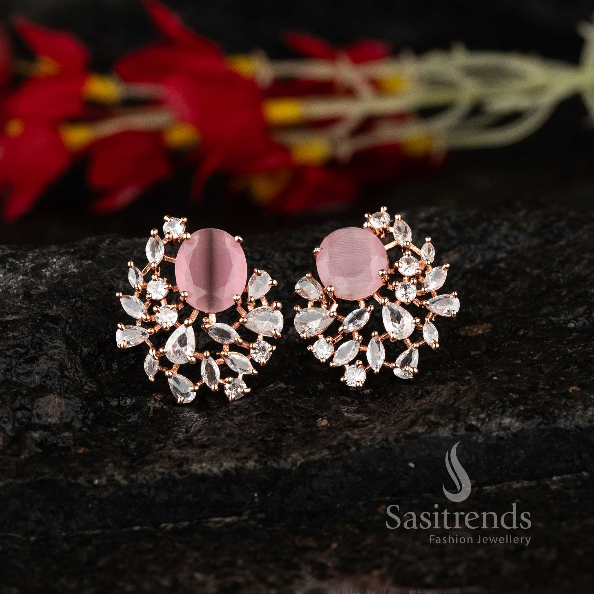 Stylish baby pink stone earrings in rose gold with oval AD design – Glamorous jewellery for fashionable women – Sasitrends