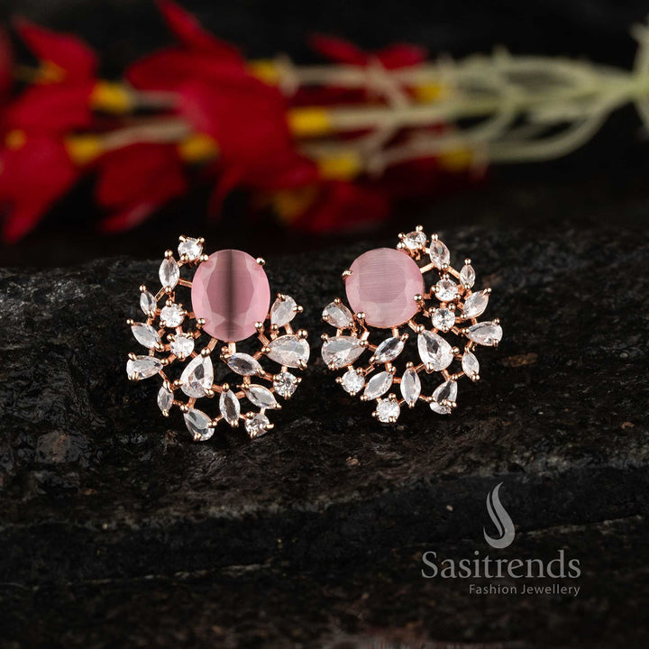 Stylish baby pink stone earrings in rose gold with oval AD design – Glamorous jewellery for fashionable women – Sasitrends
