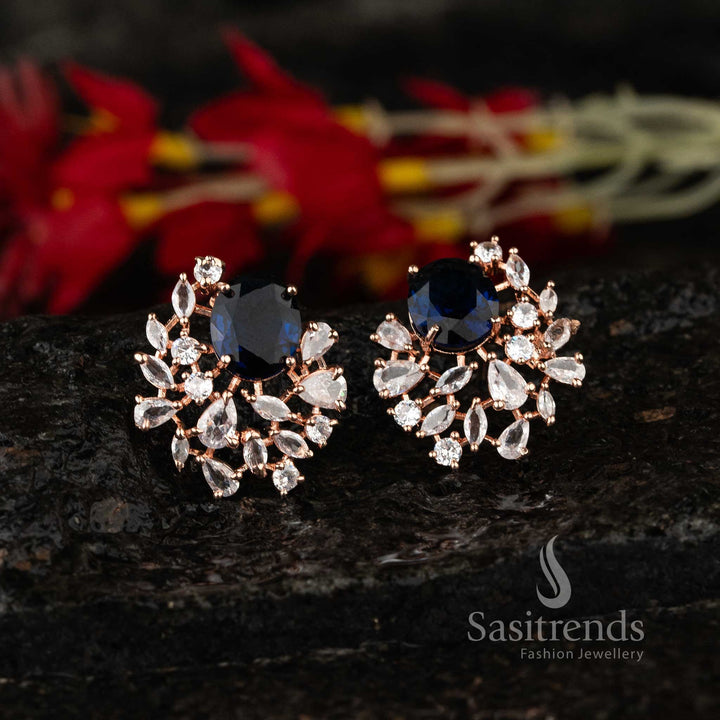Deep blue stone earrings with rose gold oval tops and fine American Diamond work – A modern fusion jewellery finish – Sasitrends

