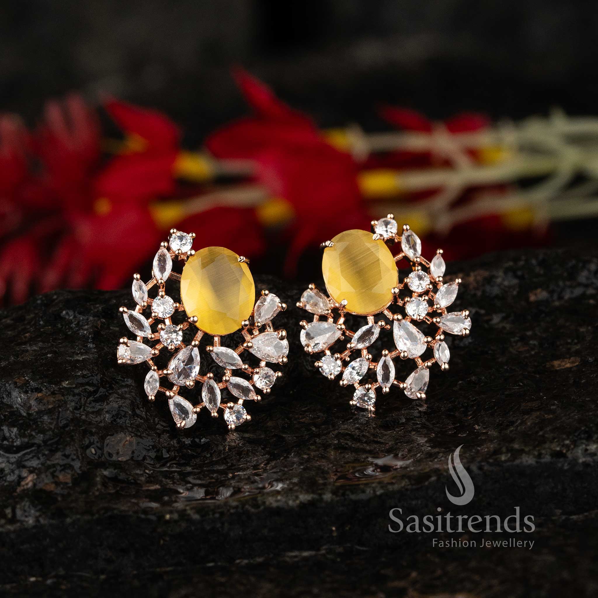 Sunshine yellow earrings with AD embellishment and rose gold oval tops – Vibrant festive jewellery choice – Sasitrends