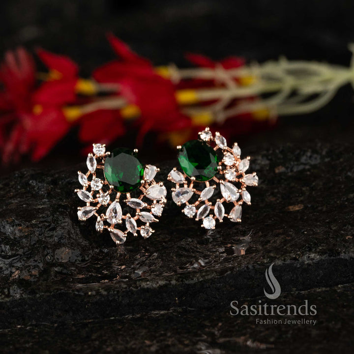 Emerald green stone earrings with rose gold oval top and AD work – Luxurious party jewellery for ethnic looks – Sasitrends