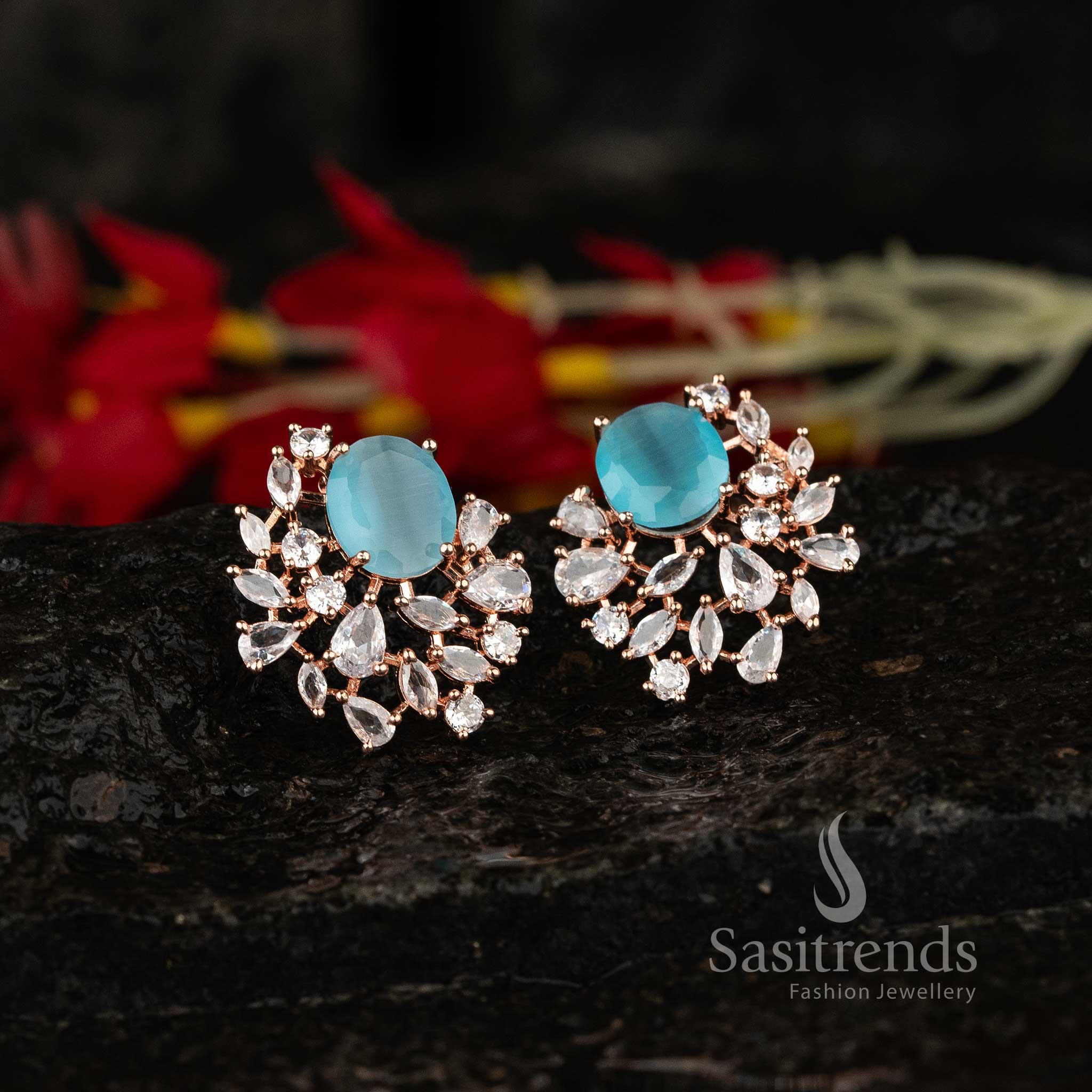 Elegant rose gold oval top earrings with sky-blue accents and American Diamonds – Dreamy shine party jewellery – Sasitrends