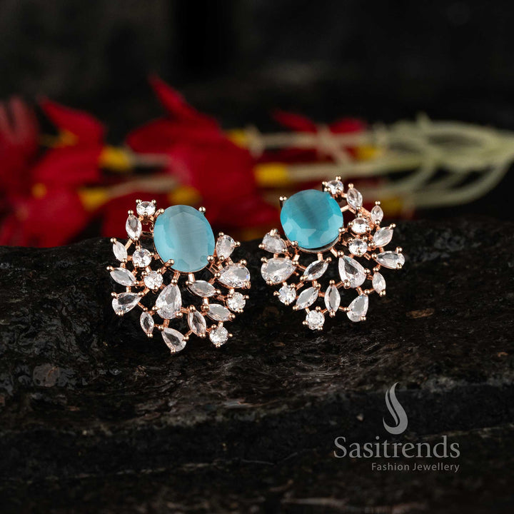 Elegant rose gold oval top earrings with sky-blue accents and American Diamonds – Dreamy shine party jewellery – Sasitrends