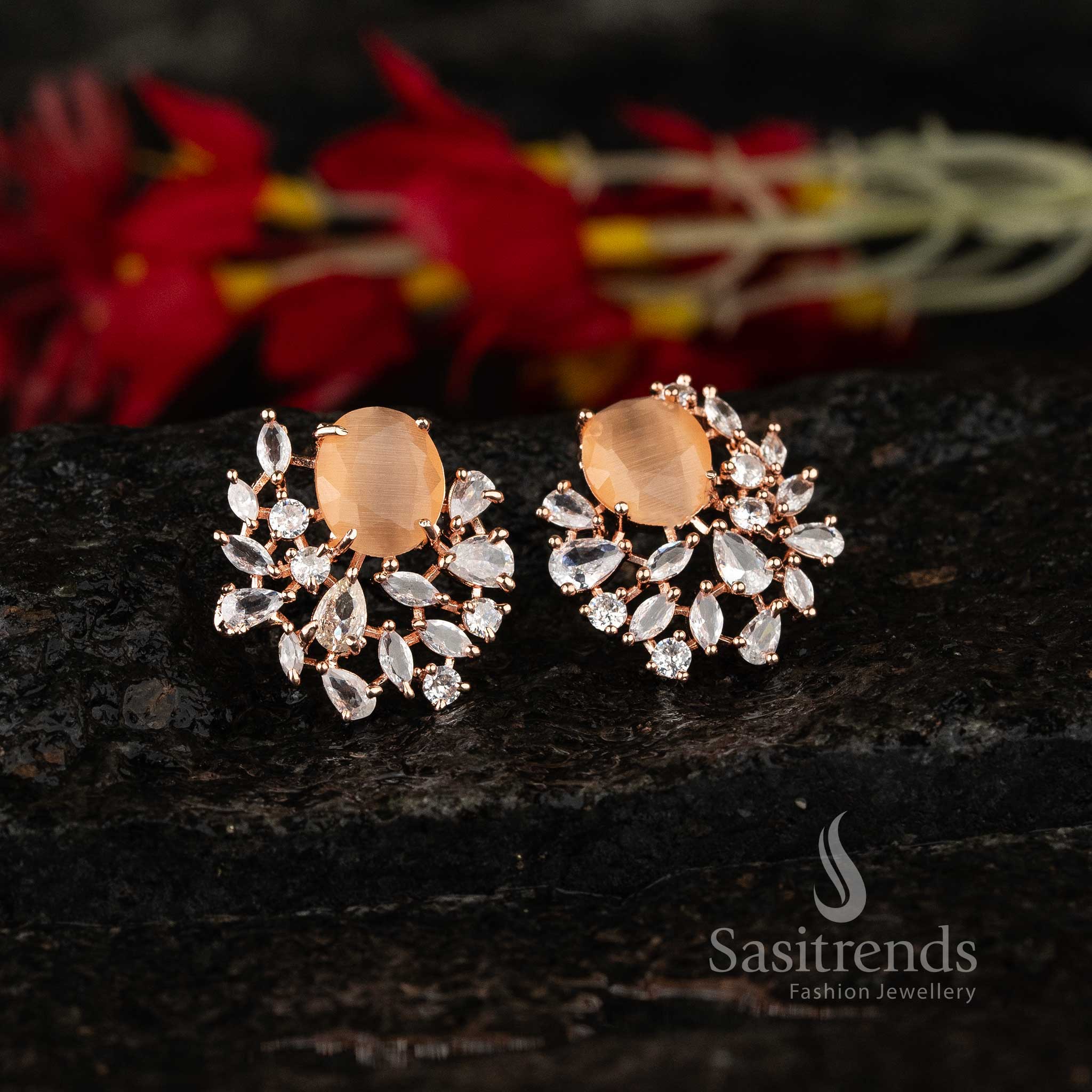 Blush peach rose gold earrings with oval motif and dazzling AD stones – Ideal party wear jewellery – Sasitrends
