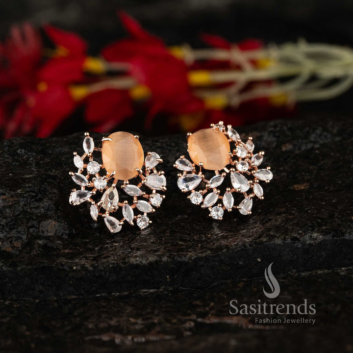 Blush peach rose gold earrings with oval motif and dazzling AD stones – Ideal party wear jewellery – Sasitrends