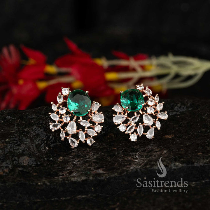 Stylish oval top rose gold earrings featuring aqua-blue stones and AD accents – Trendy designer jewellery for women – Sasitrends

