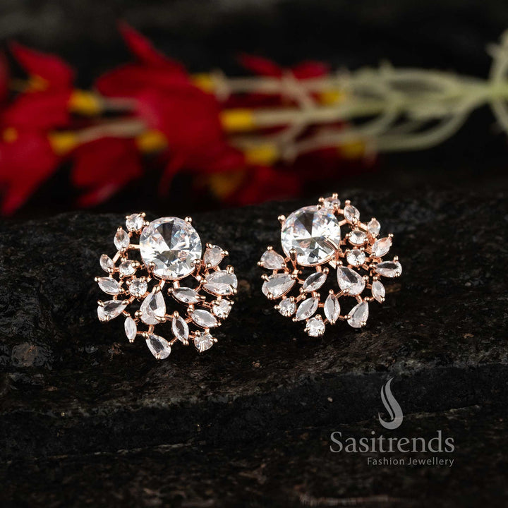 Timeless white AD earrings with rose gold oval tops – Trendy glowing jewellery for stylish occasions – Sasitrends