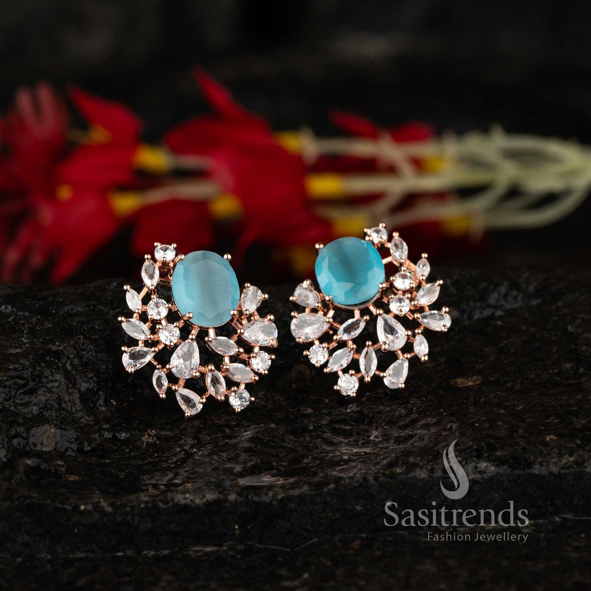 Sasitrends | American Diamond Studded Oval Top Earrings - Rhodium Silver & Rose Gold