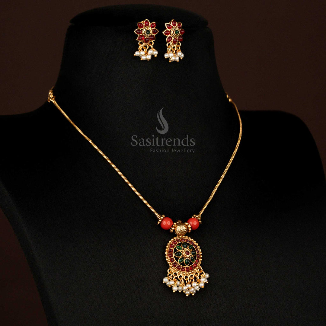 Regal matte finish round pendant necklace with ruby-green floral centrepiece, traditional beaded layering, and pearl hangings – a devotional and ethnic temple jewellery collection – Sasitrends


