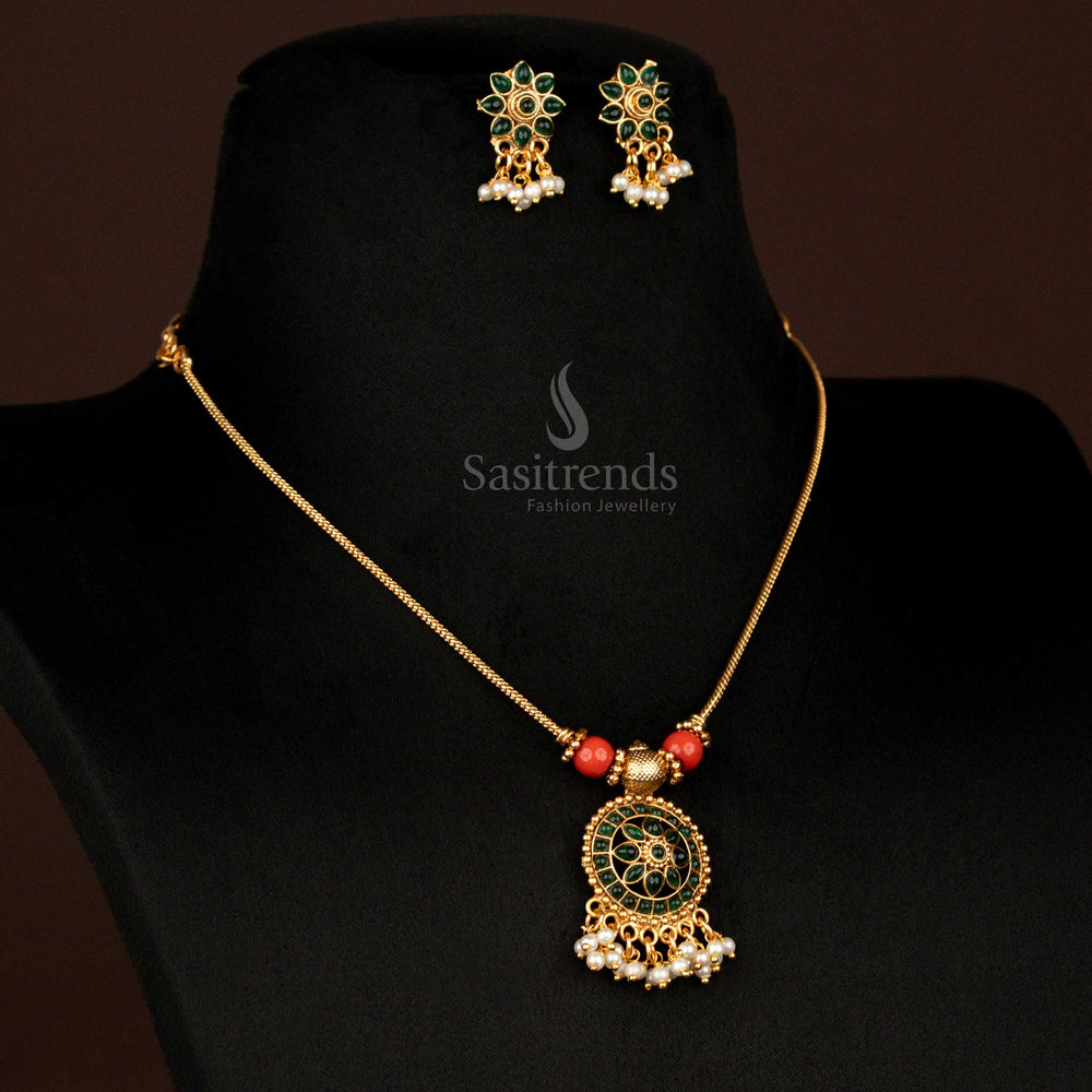 Ethnic matte finish necklace set with floral green stone pendant, temple-style beads, and soft pearl hangings – ideal traditional jewellery for functions and rituals – Sasitrends