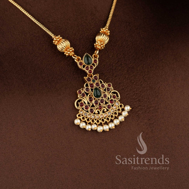 Traditional classic matte gold plated stone necklace set with pearl drops by Sasitrends.