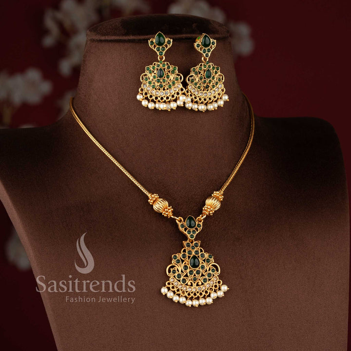 Traditional classic matte gold plated stone necklace set with pearl drops by Sasitrends.