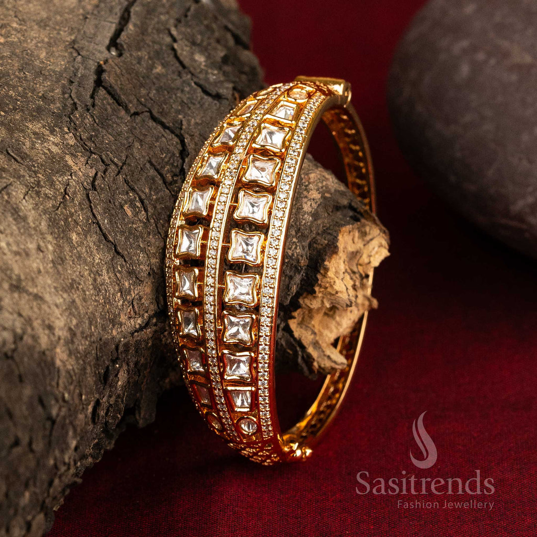 Traditional high gold plated Kundan bangle designed with radiant American diamond stones and intricate detailing, ideal for wedding and festive wear – Sasitrends