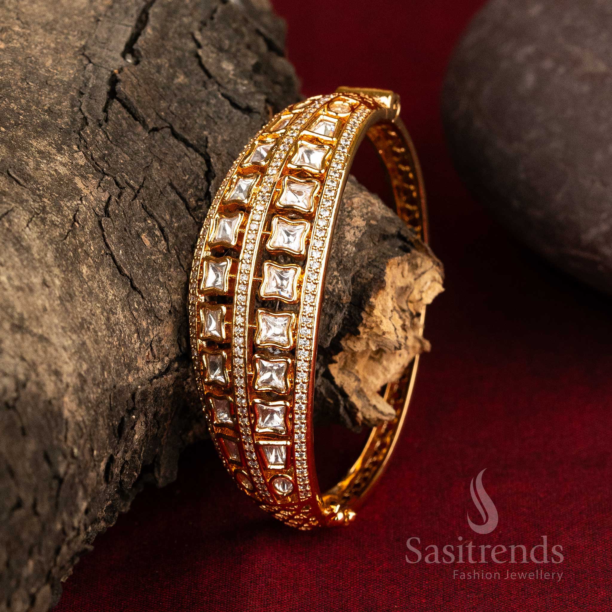 Traditional high gold plated Kundan bangle designed with radiant American diamond stones and intricate detailing, ideal for wedding and festive wear – Sasitrends