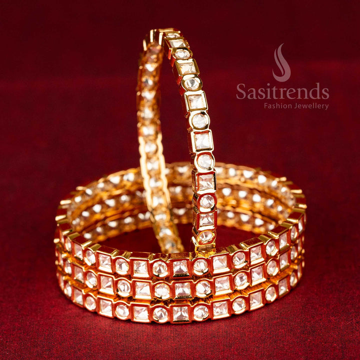Sasitrends | Stunning High Gold Plated Kundan Bangles with Square and Round Stones (Set of 4) - Premium American Diamond Kundan Stones