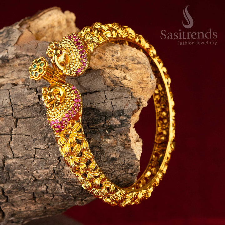 Sasitrends | Traditional AD Stone Studded Matte Gold Plated Openable Temple Peacock Kada Bracelet Bangles