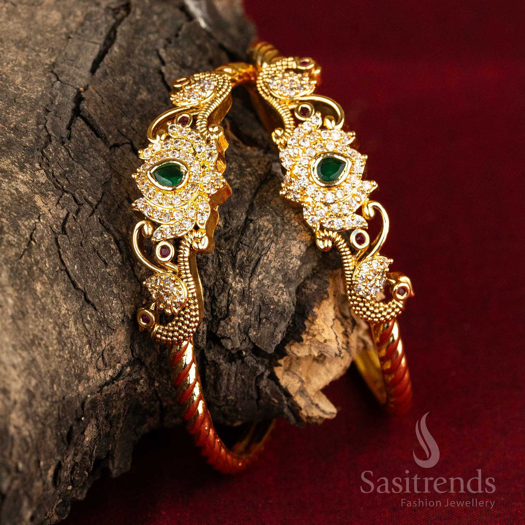 Gold Plated Lotus AD Bangles with Peacocks